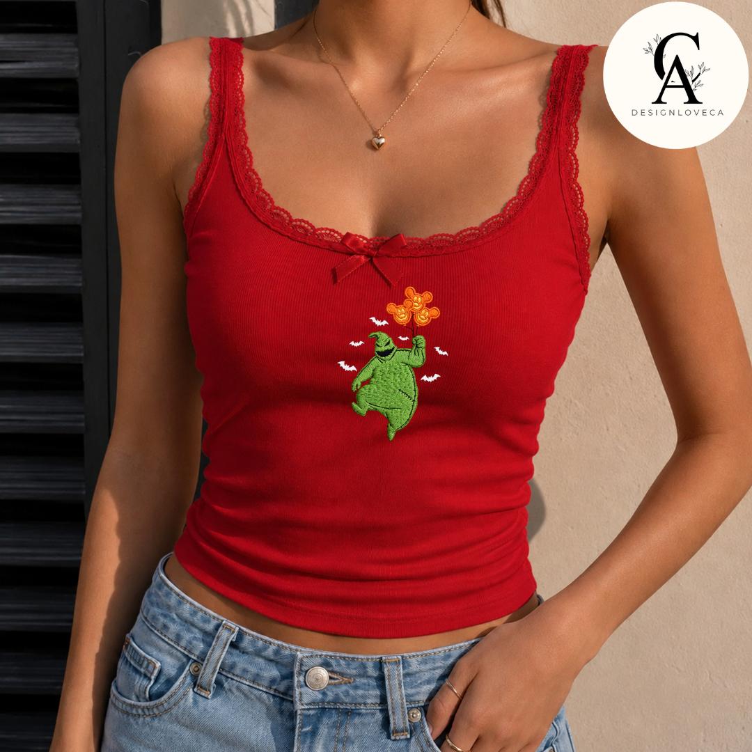 Embroidered All Characters Balloon Disney Halloween Baby Tee Crop Tank With Jack Skellington Pumpkin – Oogie Boogie Bash Lace Trim Tank - photo 4