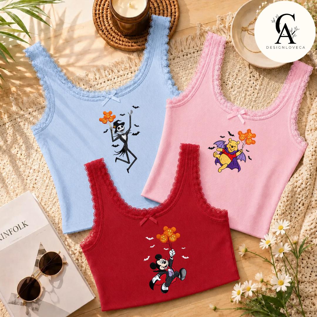 Embroidered All Characters Balloon Disney Halloween Baby Tee Crop Tank With Jack Skellington Pumpkin – Oogie Boogie Bash Lace Trim Tank - photo 7