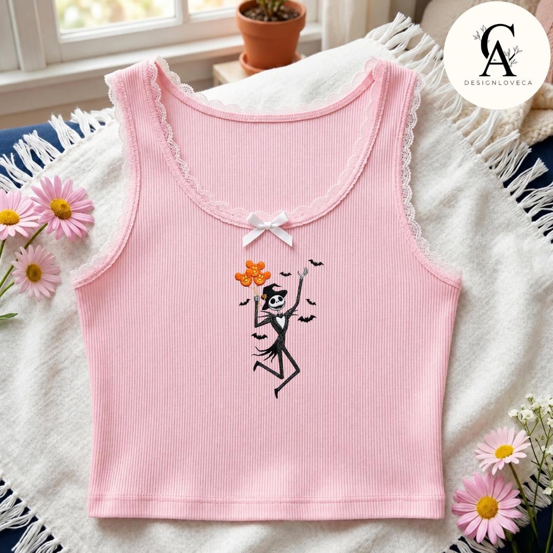 Embroidered All Characters Balloon Disney Halloween Baby Tee Crop Tank With Jack Skellington Pumpkin – Oogie Boogie Bash Lace Trim Tank - photo 10