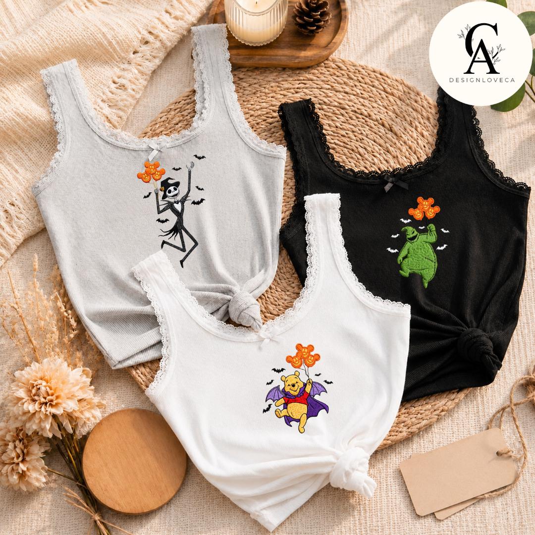 Embroidered All Characters Balloon Disney Halloween Baby Tee Crop Tank With Jack Skellington Pumpkin – Oogie Boogie Bash Lace Trim Tank - photo 11