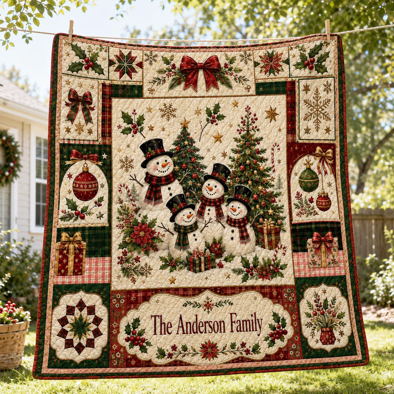 Personalized Christmas Quilt Blanket with Custom Family Name Snowman Throw, Vintage Holiday Patchwork, and Farmhouse Gift