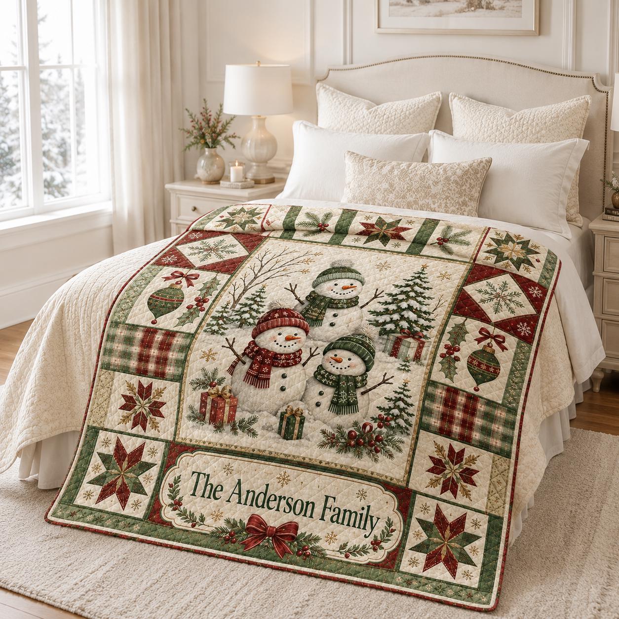 Personalized Christmas Quilt Blanket with Custom Family Name Snowman Throw, Vintage Holiday Patchwork, and Farmhouse Gift - photo 2