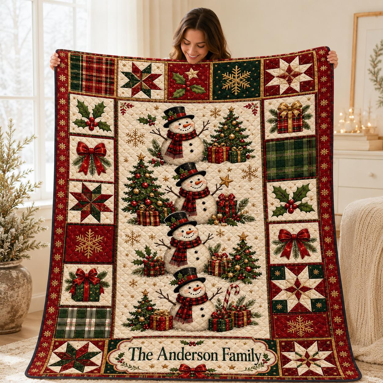 Personalized Christmas Quilt Blanket with Custom Family Name Snowman Throw, Vintage Holiday Patchwork, and Farmhouse Gift - photo 3