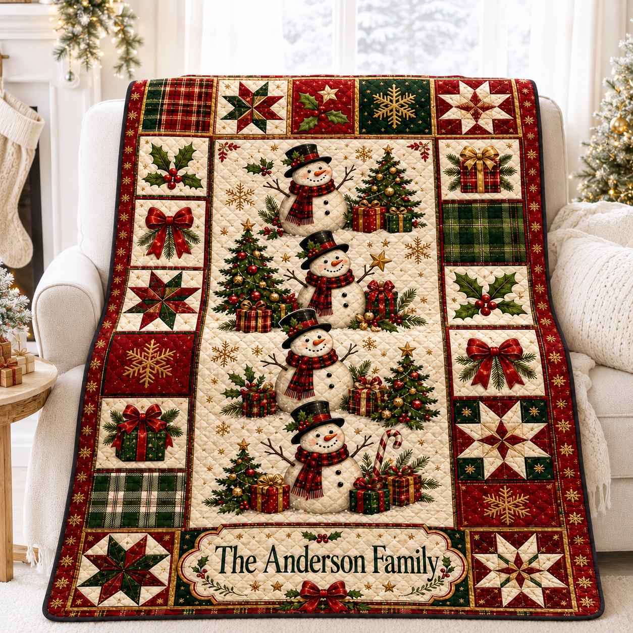 Personalized Christmas Quilt Blanket with Custom Family Name Snowman Throw, Vintage Holiday Patchwork, and Farmhouse Gift - photo 6