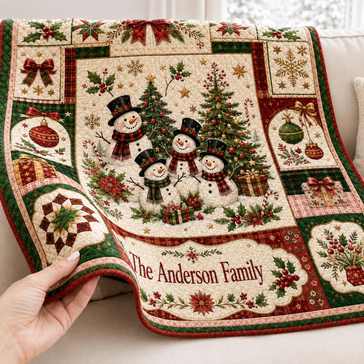 Personalized Christmas Quilt Blanket with Custom Family Name Snowman Throw, Vintage Holiday Patchwork, and Farmhouse Gift - photo 7