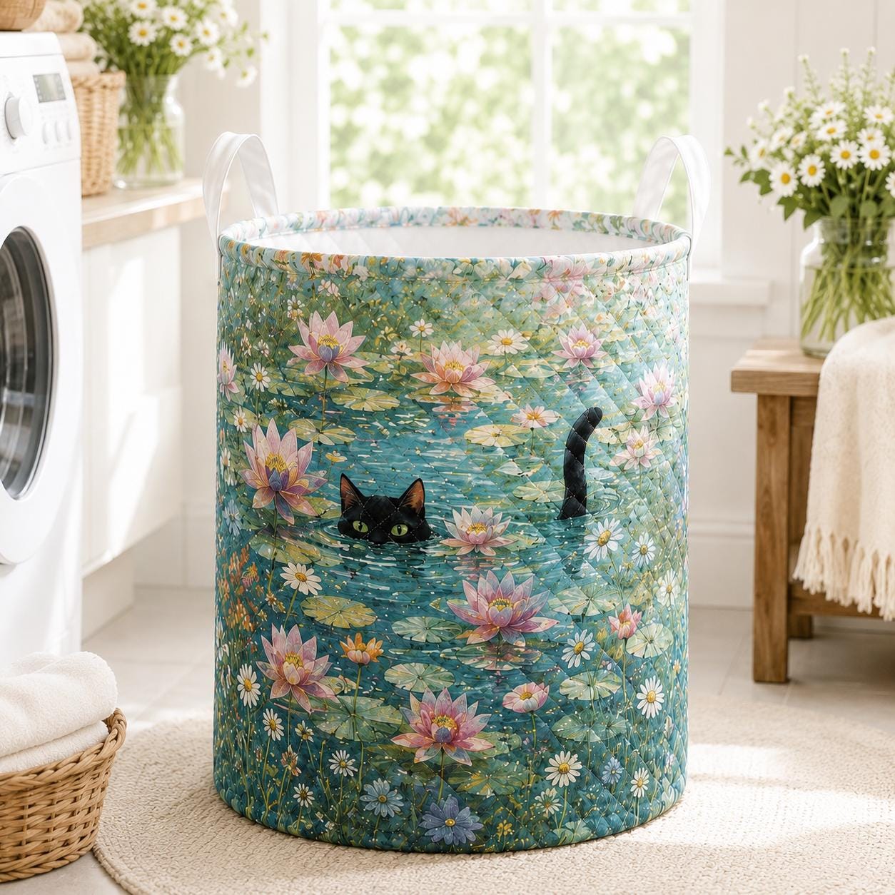Black Cat Pond Laundry Basket with Whimsical Floral Fabric Hamper for Cottagecore Storage Bin, Cat Lover Gift and Bedroom Laundry Room Decor