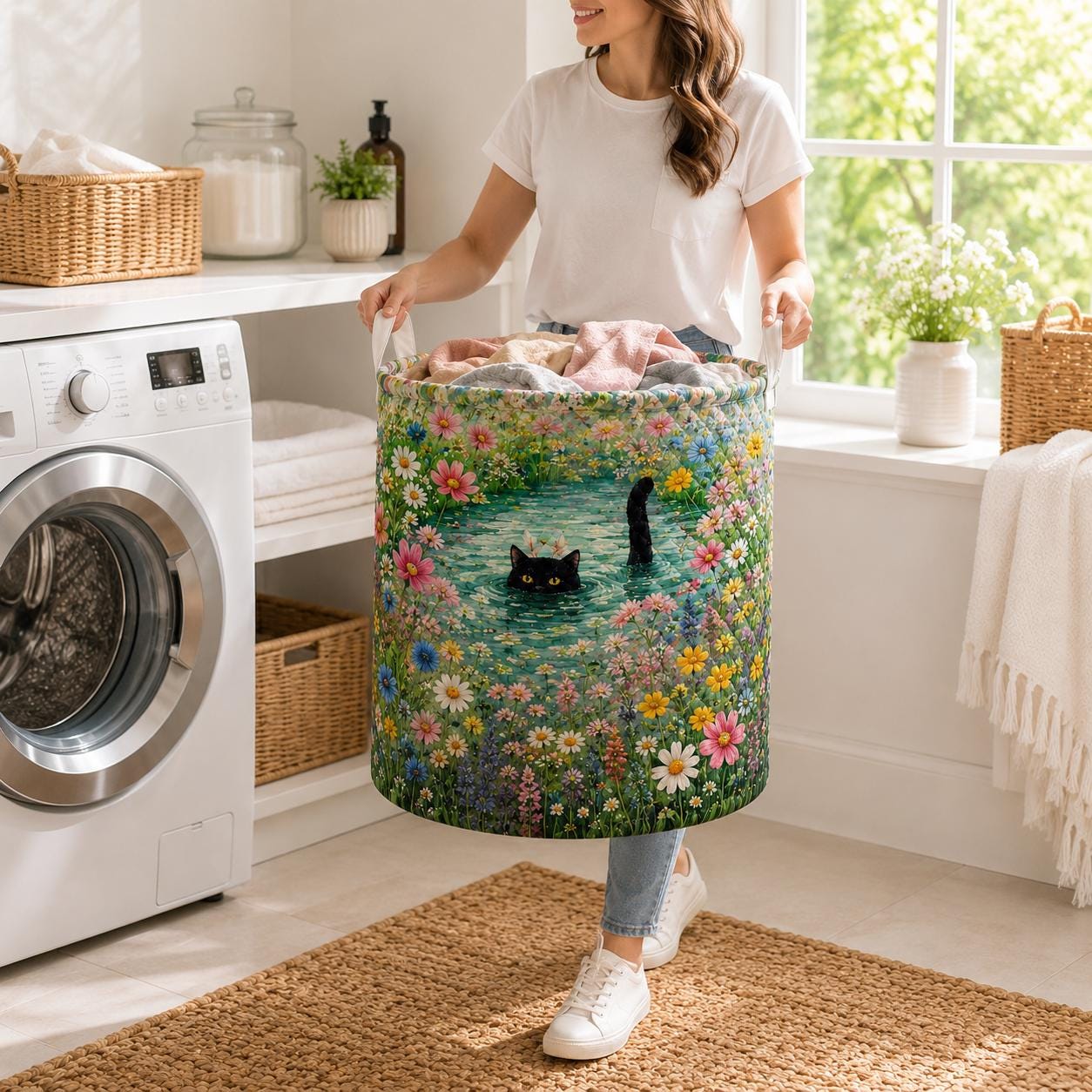 Black Cat Pond Laundry Basket with Whimsical Floral Fabric Hamper for Cottagecore Storage Bin, Cat Lover Gift and Bedroom Laundry Room Decor - photo 2
