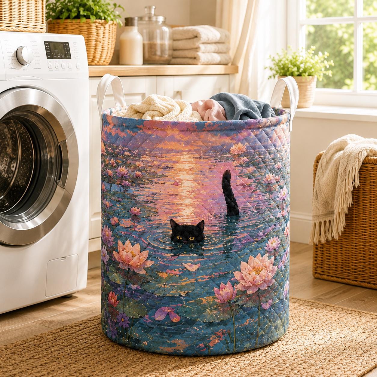 Black Cat Pond Laundry Basket with Whimsical Floral Fabric Hamper for Cottagecore Storage Bin, Cat Lover Gift and Bedroom Laundry Room Decor - photo 3