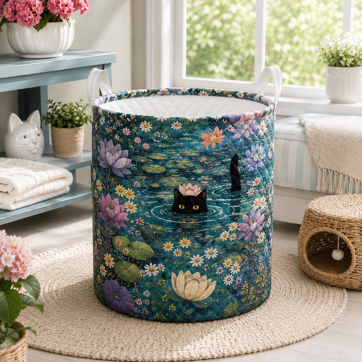 Black Cat Pond Laundry Basket with Whimsical Floral Fabric Hamper for Cottagecore Storage Bin, Cat Lover Gift and Bedroom Laundry Room Decor - photo 4