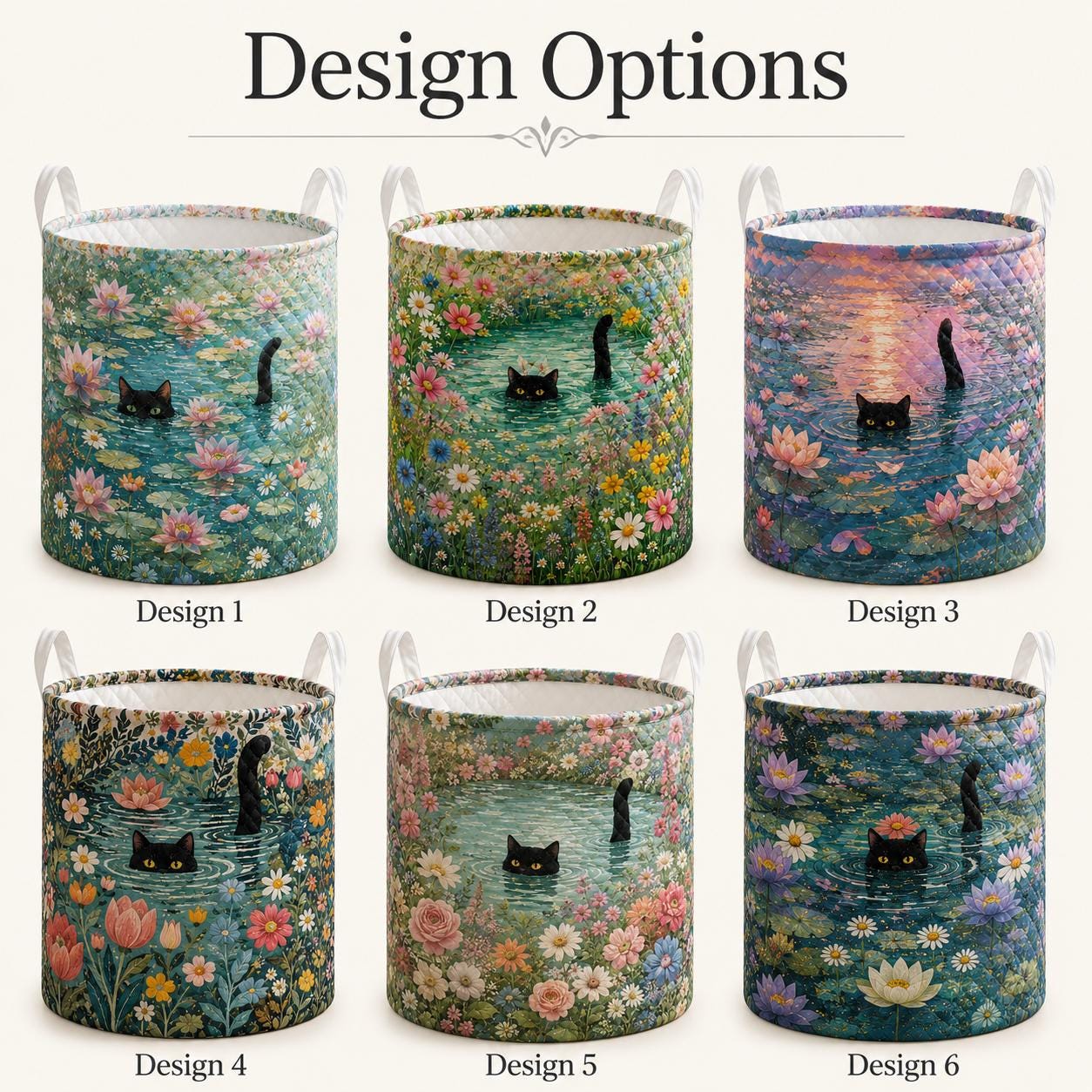Black Cat Pond Laundry Basket with Whimsical Floral Fabric Hamper for Cottagecore Storage Bin, Cat Lover Gift and Bedroom Laundry Room Decor - photo 5
