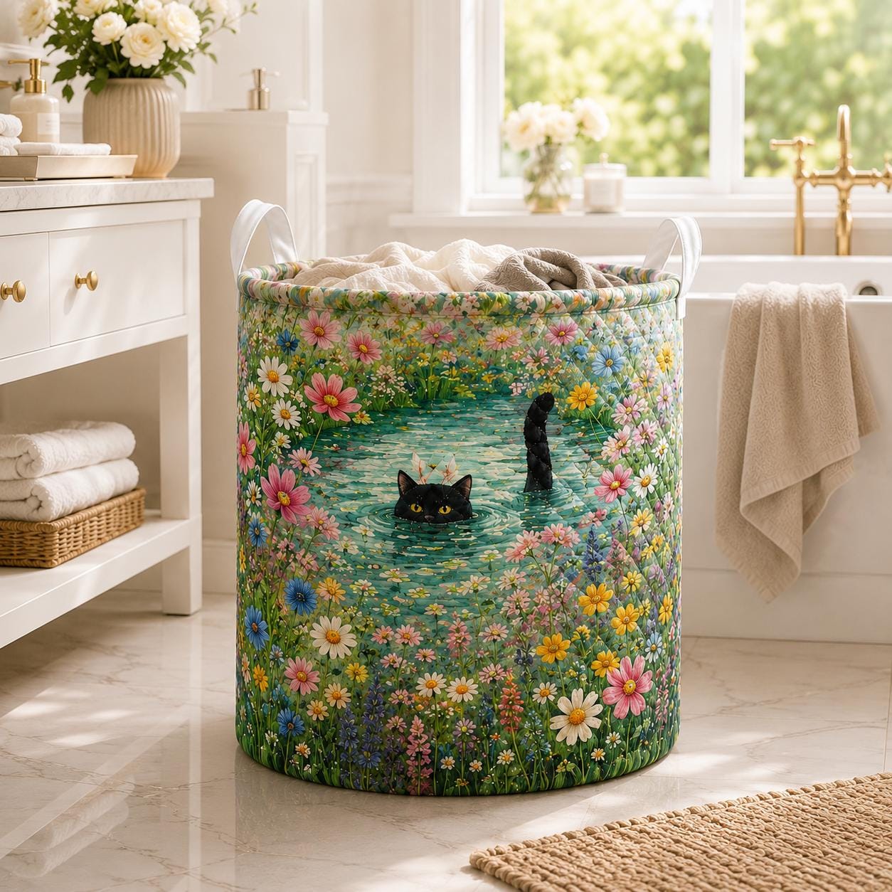 Black Cat Pond Laundry Basket with Whimsical Floral Fabric Hamper for Cottagecore Storage Bin, Cat Lover Gift and Bedroom Laundry Room Decor - photo 7