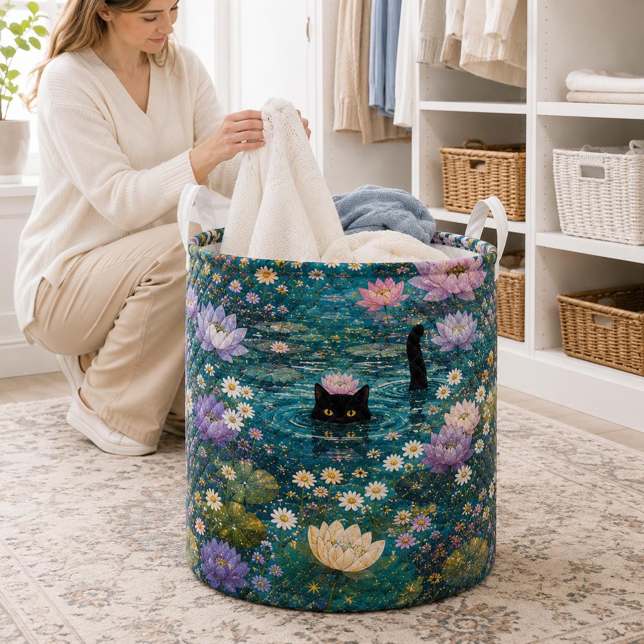 Black Cat Pond Laundry Basket with Whimsical Floral Fabric Hamper for Cottagecore Storage Bin, Cat Lover Gift and Bedroom Laundry Room Decor - photo 8