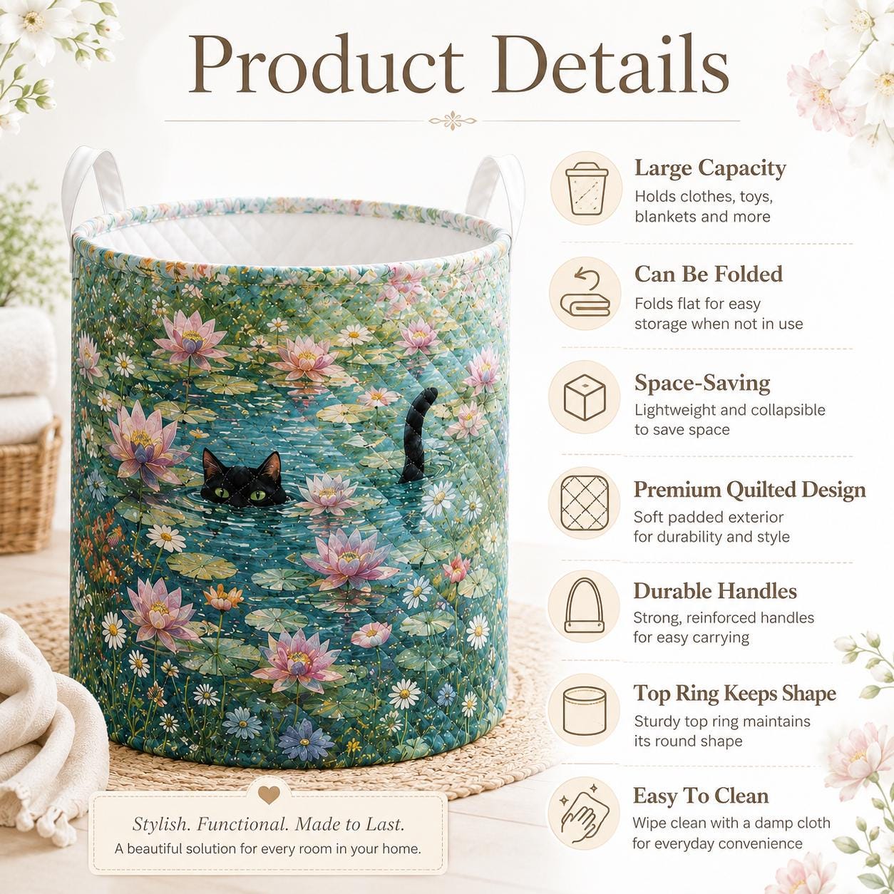 Black Cat Pond Laundry Basket with Whimsical Floral Fabric Hamper for Cottagecore Storage Bin, Cat Lover Gift and Bedroom Laundry Room Decor - photo 9