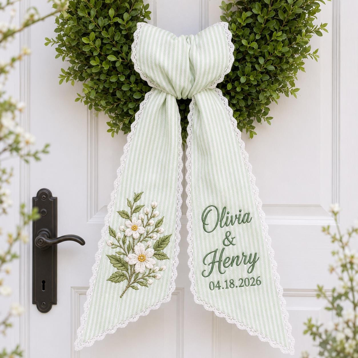 Personalized Wedding Wreath Sash with Green Stripe Embroidered Daisy Bow and Custom Couple Names and Date for Bridal Shower Decor