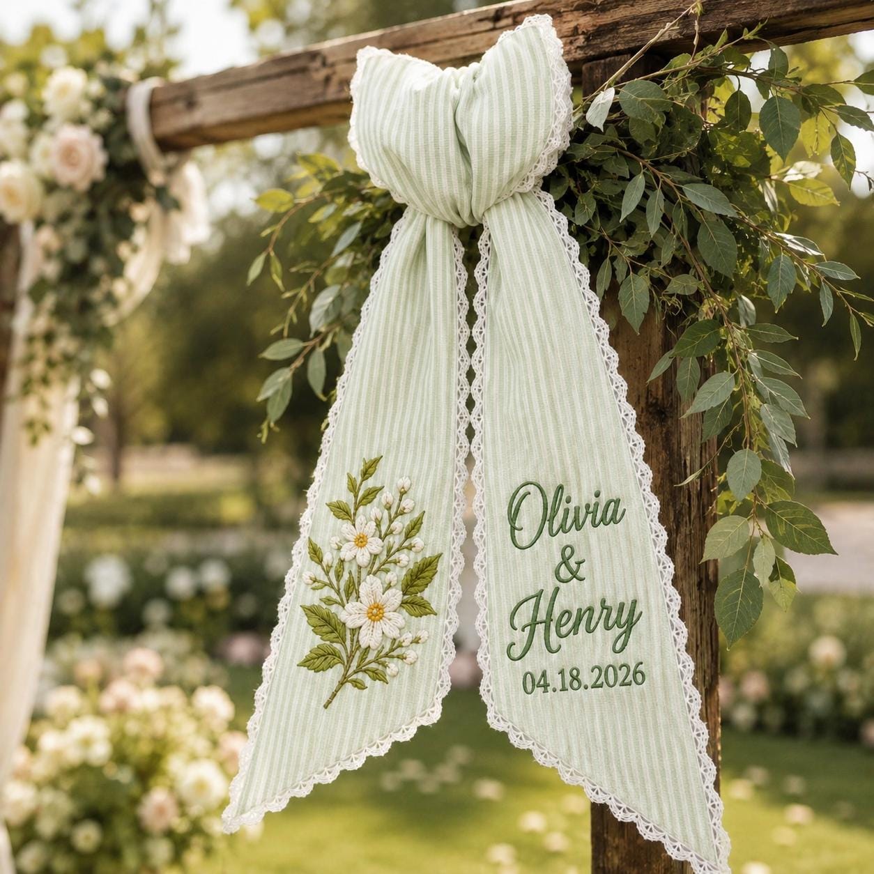 Personalized Wedding Wreath Sash with Green Stripe Embroidered Daisy Bow and Custom Couple Names and Date for Bridal Shower Decor - photo 2