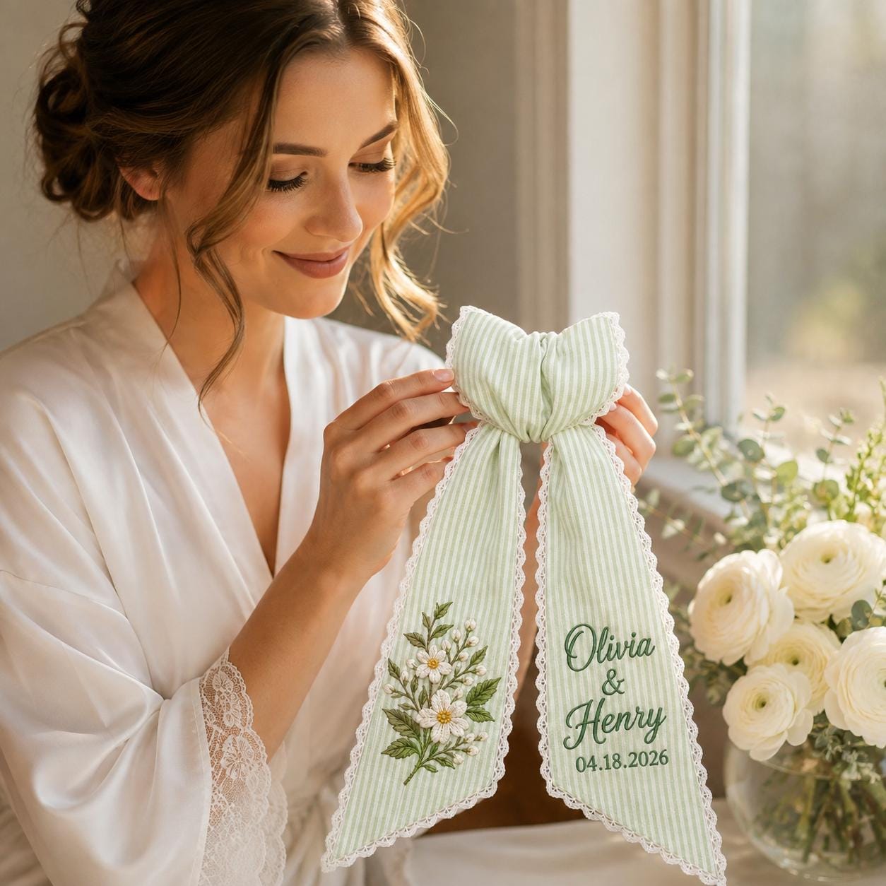 Personalized Wedding Wreath Sash with Green Stripe Embroidered Daisy Bow and Custom Couple Names and Date for Bridal Shower Decor - photo 3