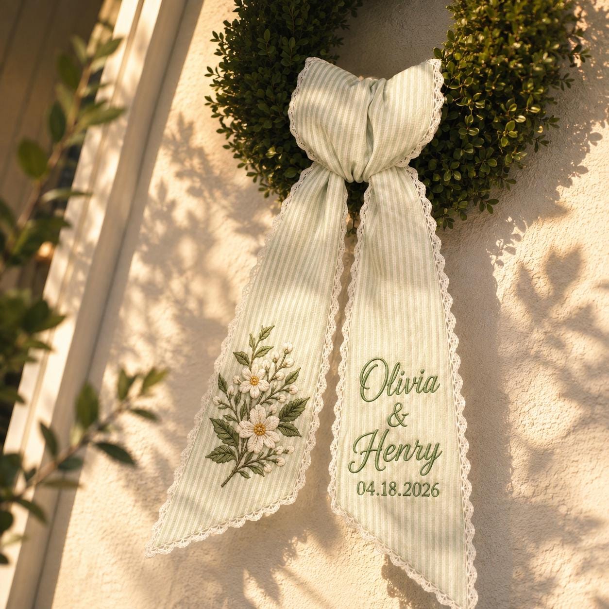 Personalized Wedding Wreath Sash with Green Stripe Embroidered Daisy Bow and Custom Couple Names and Date for Bridal Shower Decor - photo 7