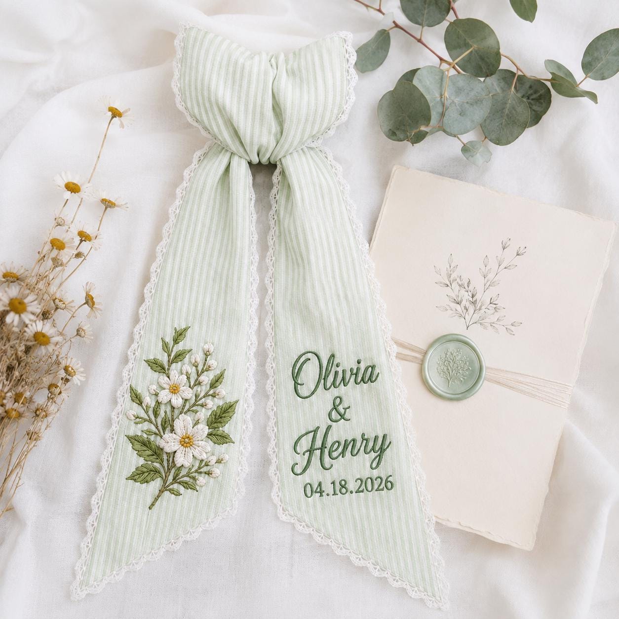 Personalized Wedding Wreath Sash with Green Stripe Embroidered Daisy Bow and Custom Couple Names and Date for Bridal Shower Decor - photo 8