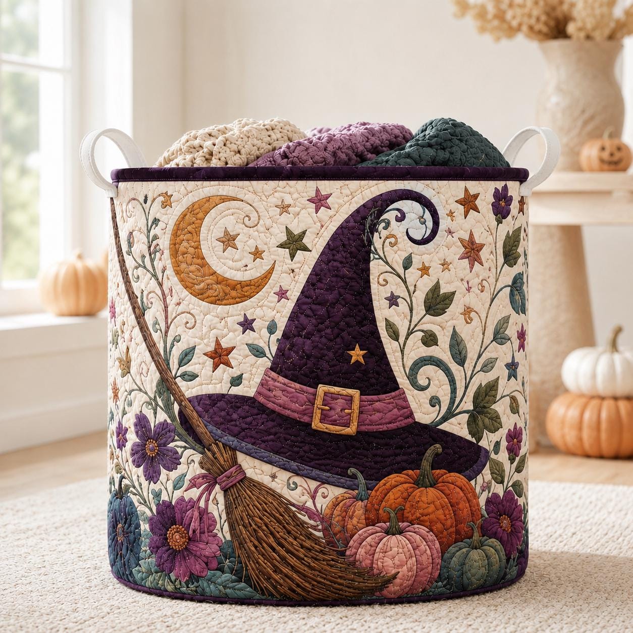 Quilted Styleed Halloween Laundry Basket with Witch Hat Hamper and Pumpkin Storage Bin, Gothic Laundry Decor, Spooky Witchy Home Decor