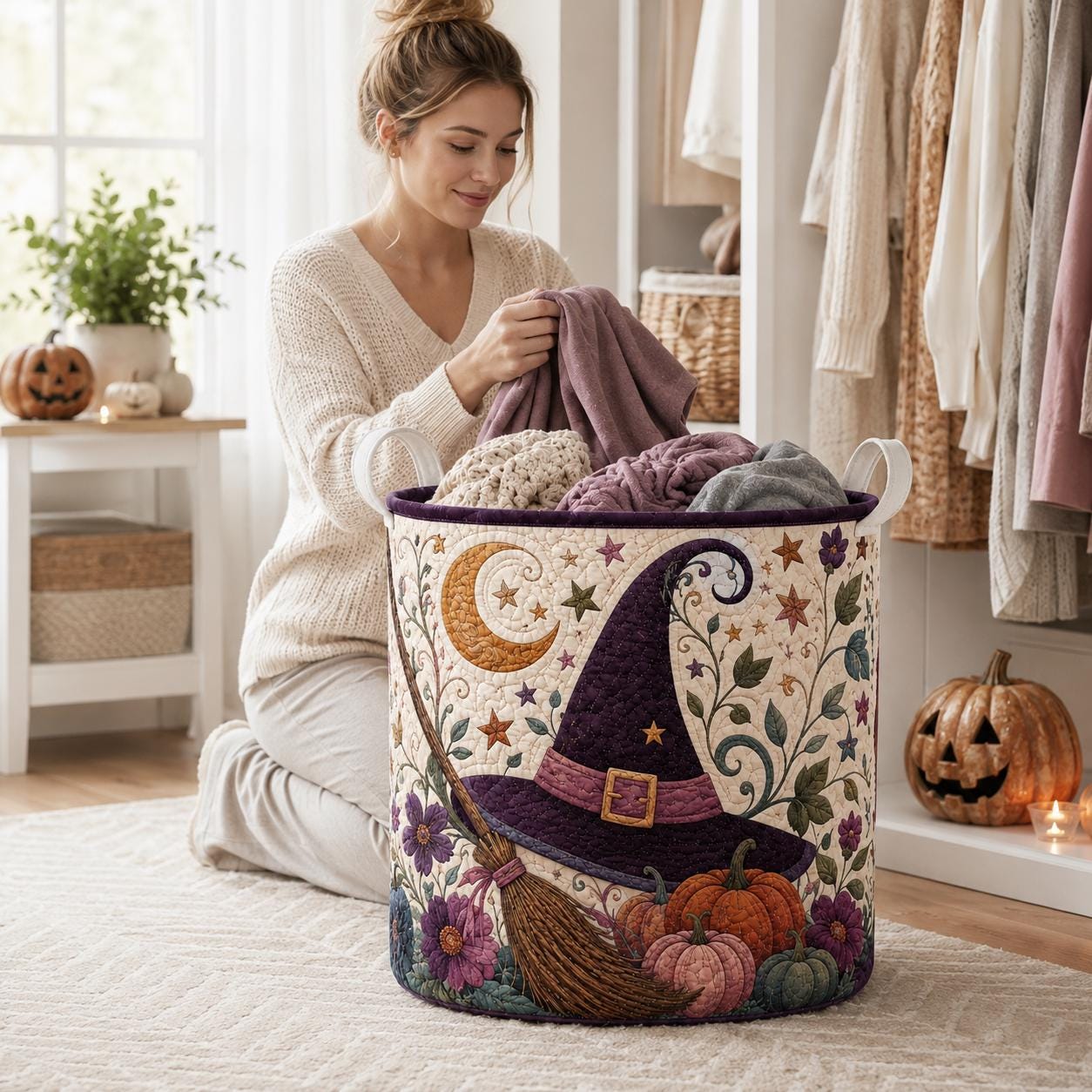 Quilted Styleed Halloween Laundry Basket with Witch Hat Hamper and Pumpkin Storage Bin, Gothic Laundry Decor, Spooky Witchy Home Decor - photo 2