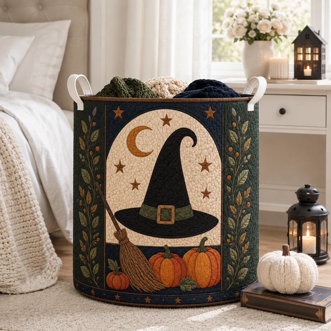 Quilted Styleed Halloween Laundry Basket with Witch Hat Hamper and Pumpkin Storage Bin, Gothic Laundry Decor, Spooky Witchy Home Decor - photo 3