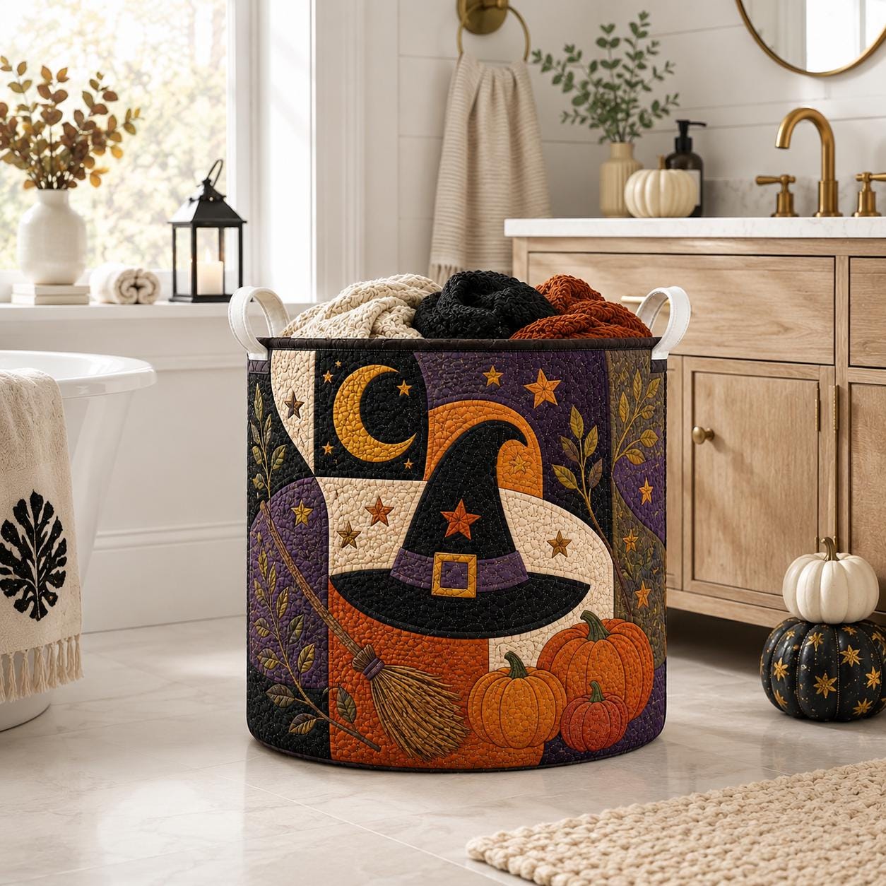 Quilted Styleed Halloween Laundry Basket with Witch Hat Hamper and Pumpkin Storage Bin, Gothic Laundry Decor, Spooky Witchy Home Decor - photo 4