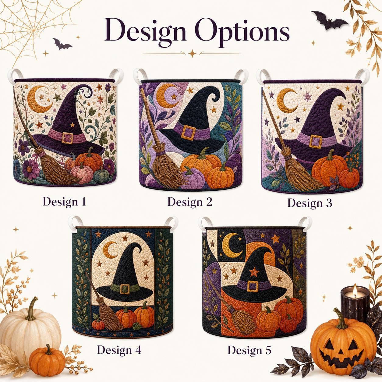 Quilted Styleed Halloween Laundry Basket with Witch Hat Hamper and Pumpkin Storage Bin, Gothic Laundry Decor, Spooky Witchy Home Decor - photo 5