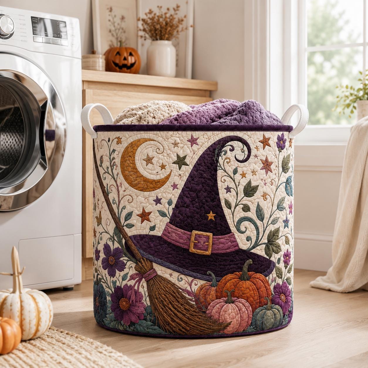 Quilted Styleed Halloween Laundry Basket with Witch Hat Hamper and Pumpkin Storage Bin, Gothic Laundry Decor, Spooky Witchy Home Decor - photo 8