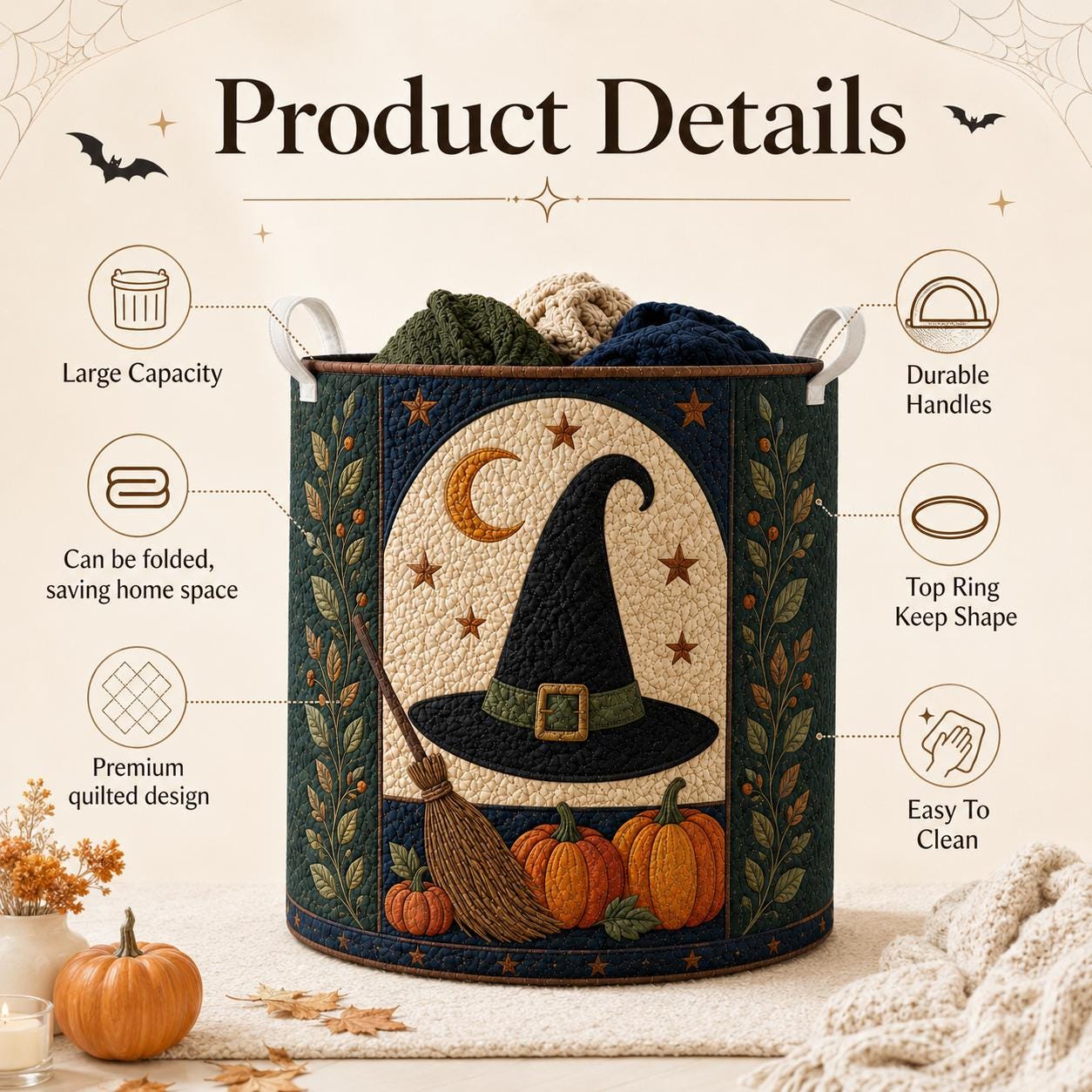 Quilted Styleed Halloween Laundry Basket with Witch Hat Hamper and Pumpkin Storage Bin, Gothic Laundry Decor, Spooky Witchy Home Decor - photo 9