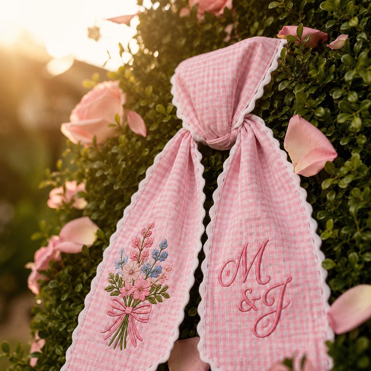 Personalized Wedding Wreath Sash with Pink Gingham Embroidered Floral Bow and Custom Couple Initials for Spring Front Door Decor