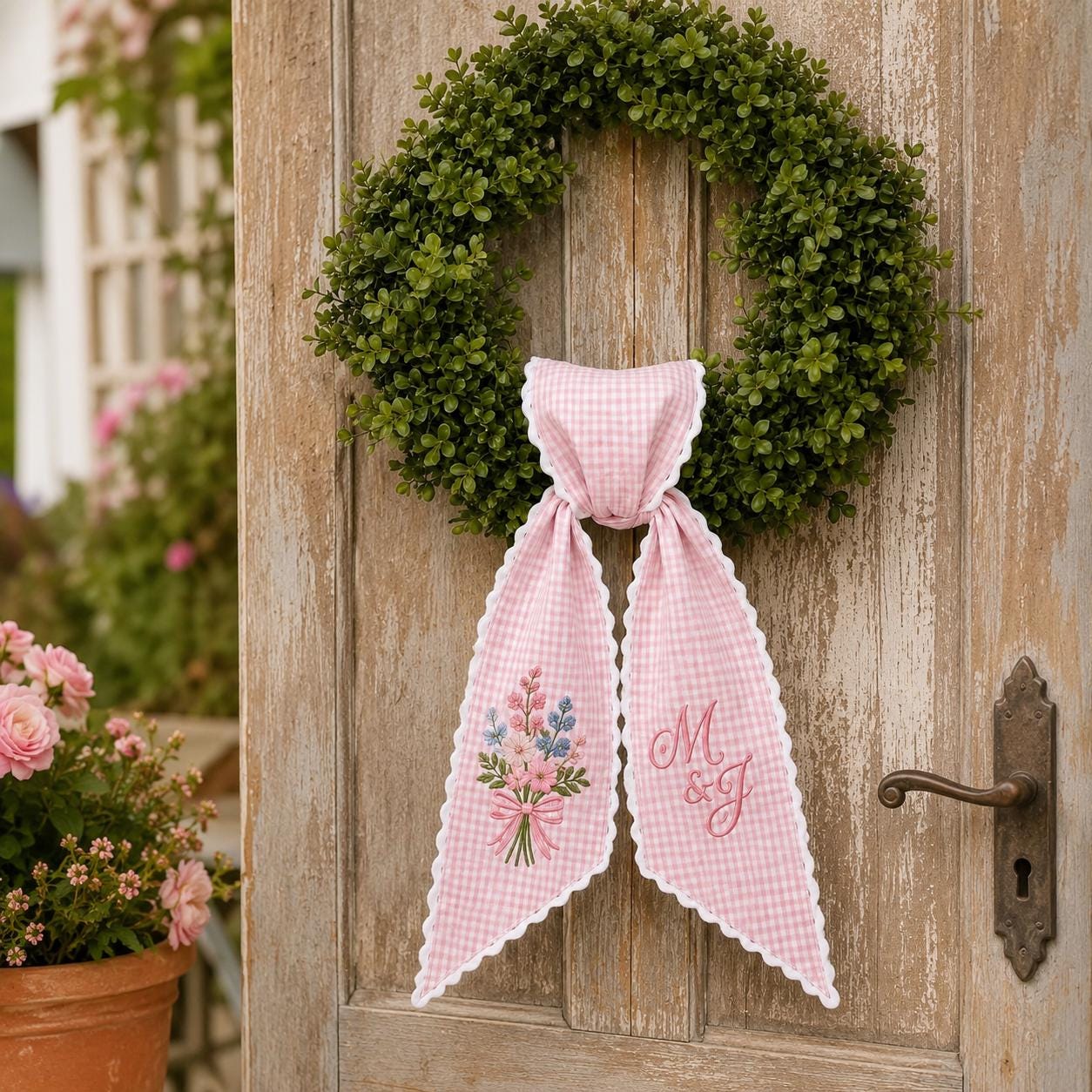 Personalized Wedding Wreath Sash with Pink Gingham Embroidered Floral Bow and Custom Couple Initials for Spring Front Door Decor - photo 2