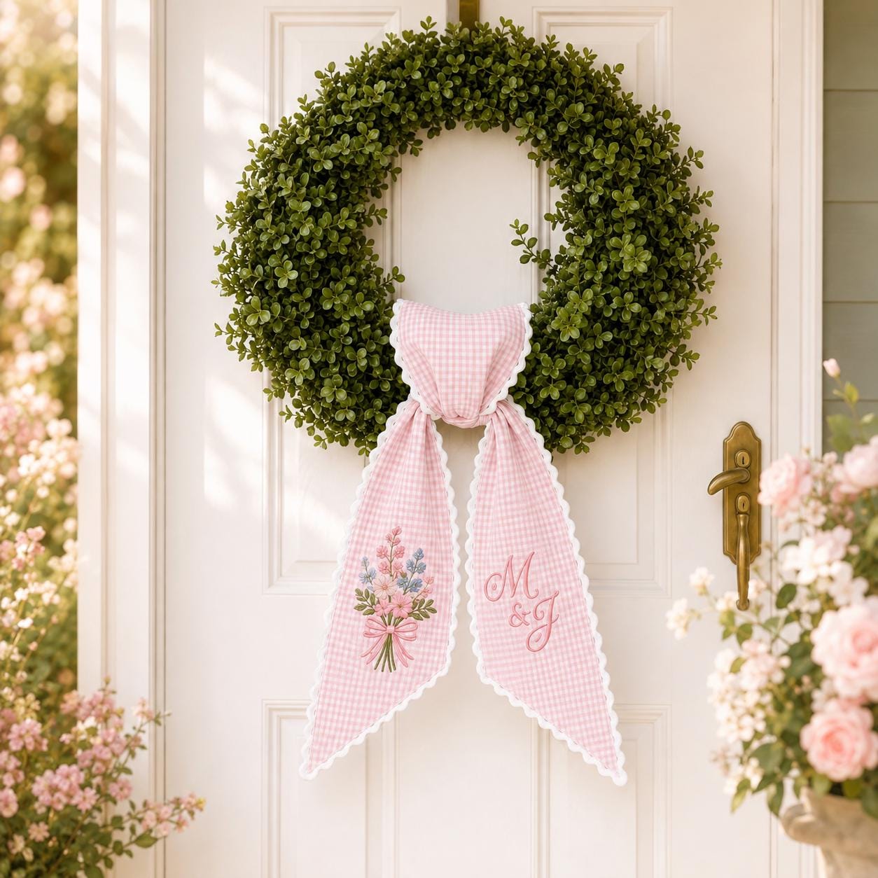 Personalized Wedding Wreath Sash with Pink Gingham Embroidered Floral Bow and Custom Couple Initials for Spring Front Door Decor - photo 3