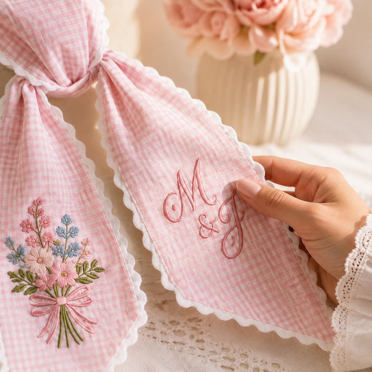 Personalized Wedding Wreath Sash with Pink Gingham Embroidered Floral Bow and Custom Couple Initials for Spring Front Door Decor - photo 7