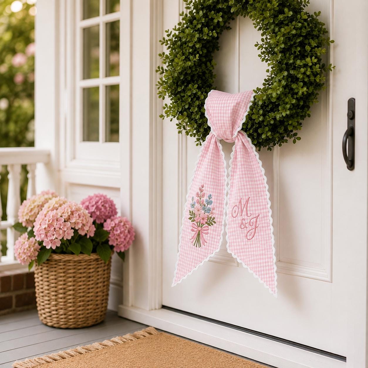 Personalized Wedding Wreath Sash with Pink Gingham Embroidered Floral Bow and Custom Couple Initials for Spring Front Door Decor - photo 8