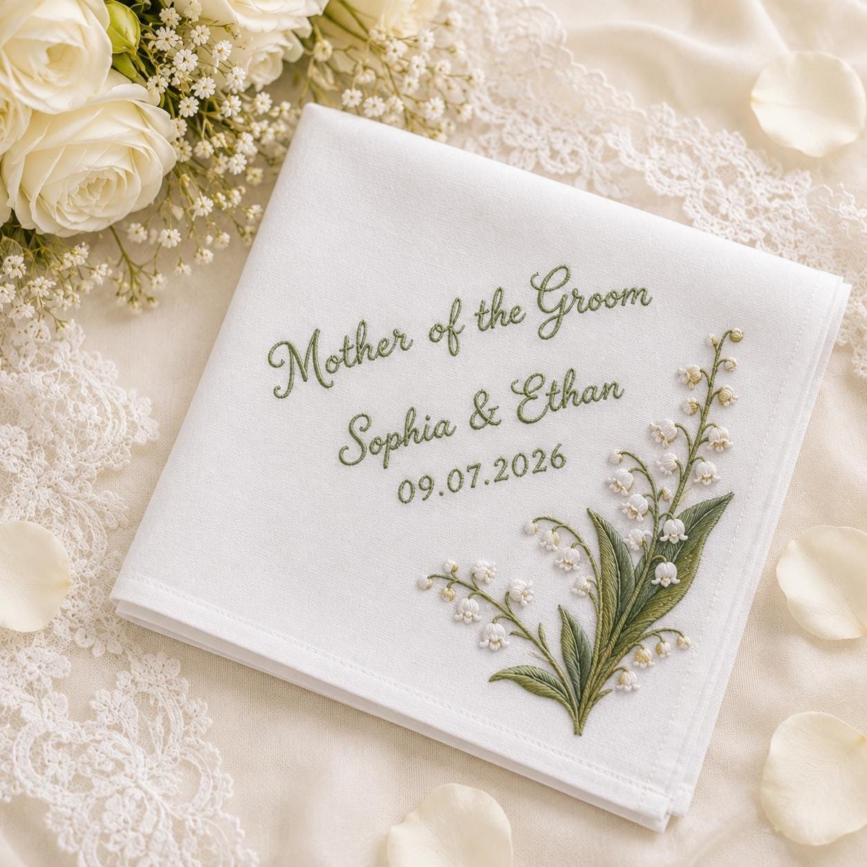 Embroidered Wedding Handkerchief with Personalized Mother of the Groom Hankie and Custom Floral Bridal Keepsake for Happy Tears Gift