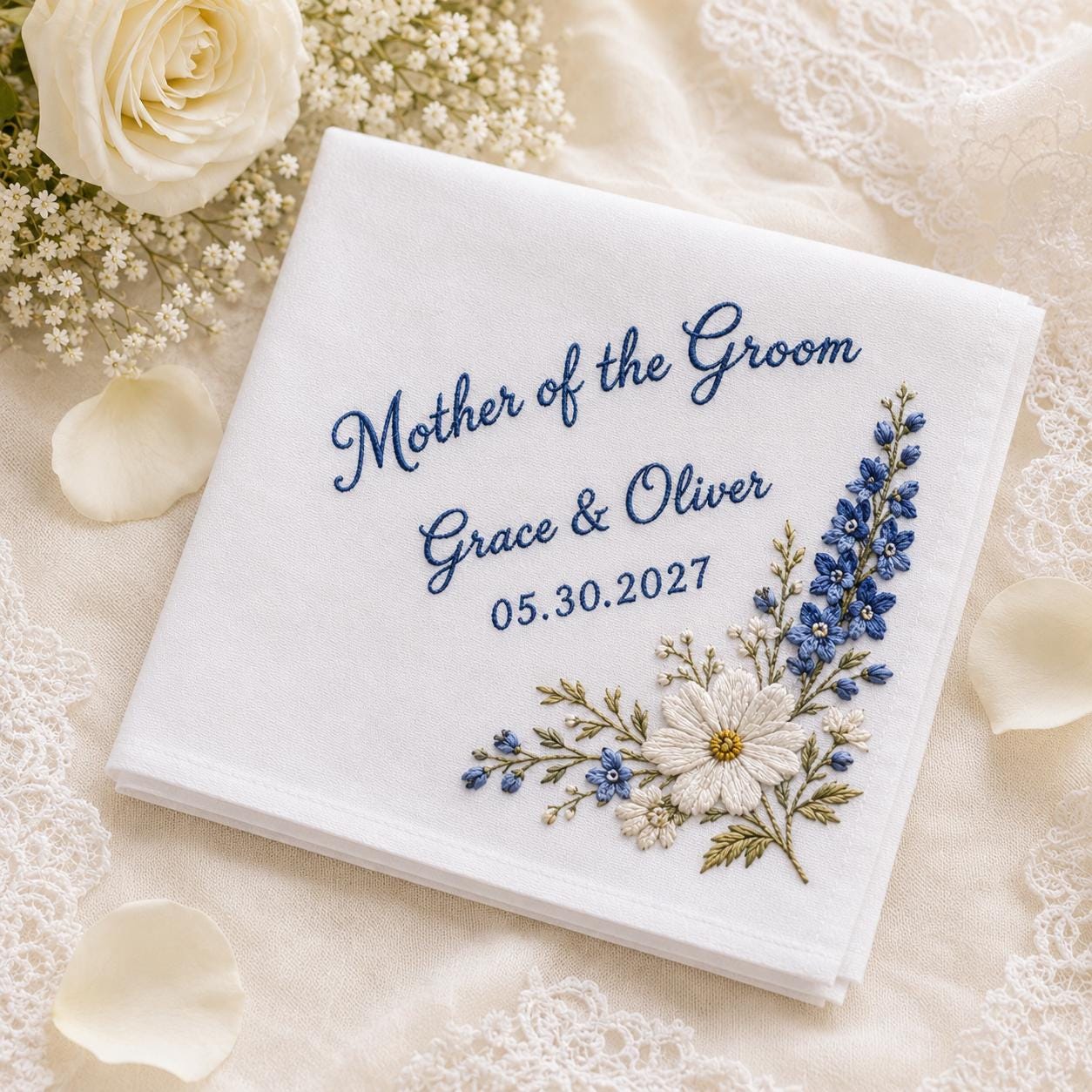 Embroidered Wedding Handkerchief with Personalized Mother of the Groom Hankie and Custom Floral Bridal Keepsake for Happy Tears Gift - photo 2