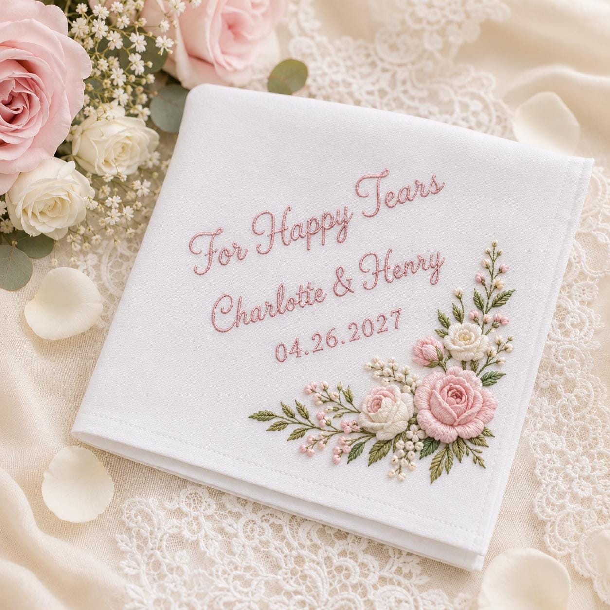 Embroidered Wedding Handkerchief with Personalized Mother of the Groom Hankie and Custom Floral Bridal Keepsake for Happy Tears Gift - photo 3