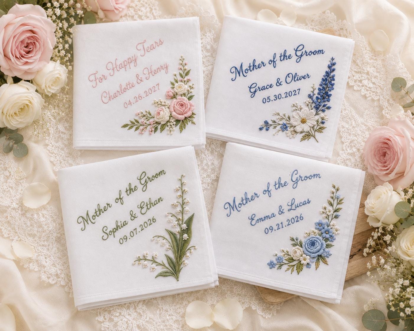 Embroidered Wedding Handkerchief with Personalized Mother of the Groom Hankie and Custom Floral Bridal Keepsake for Happy Tears Gift - photo 4