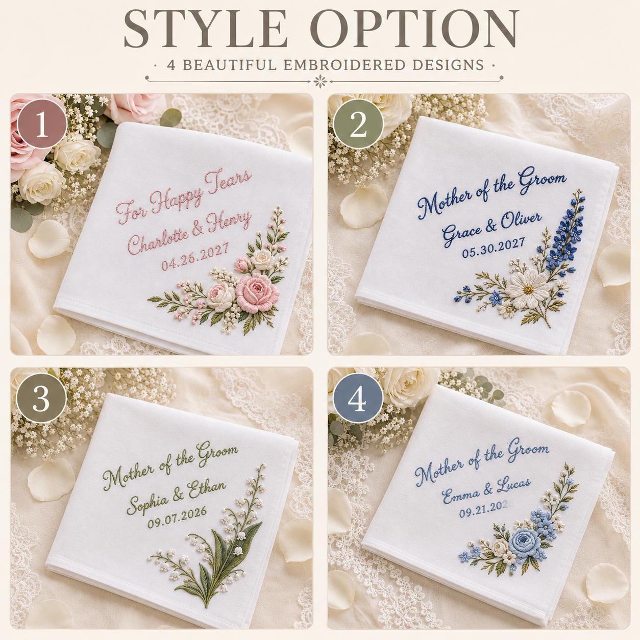 Embroidered Wedding Handkerchief with Personalized Mother of the Groom Hankie and Custom Floral Bridal Keepsake for Happy Tears Gift - photo 5