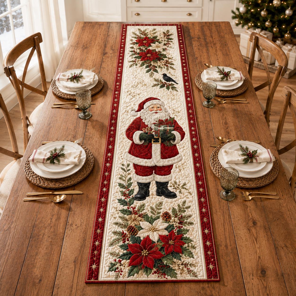 Santa Claus and Poinsettia Quilted Style Table Runner – Winter Holiday Home Decors for Farmhouse Christmas Decor