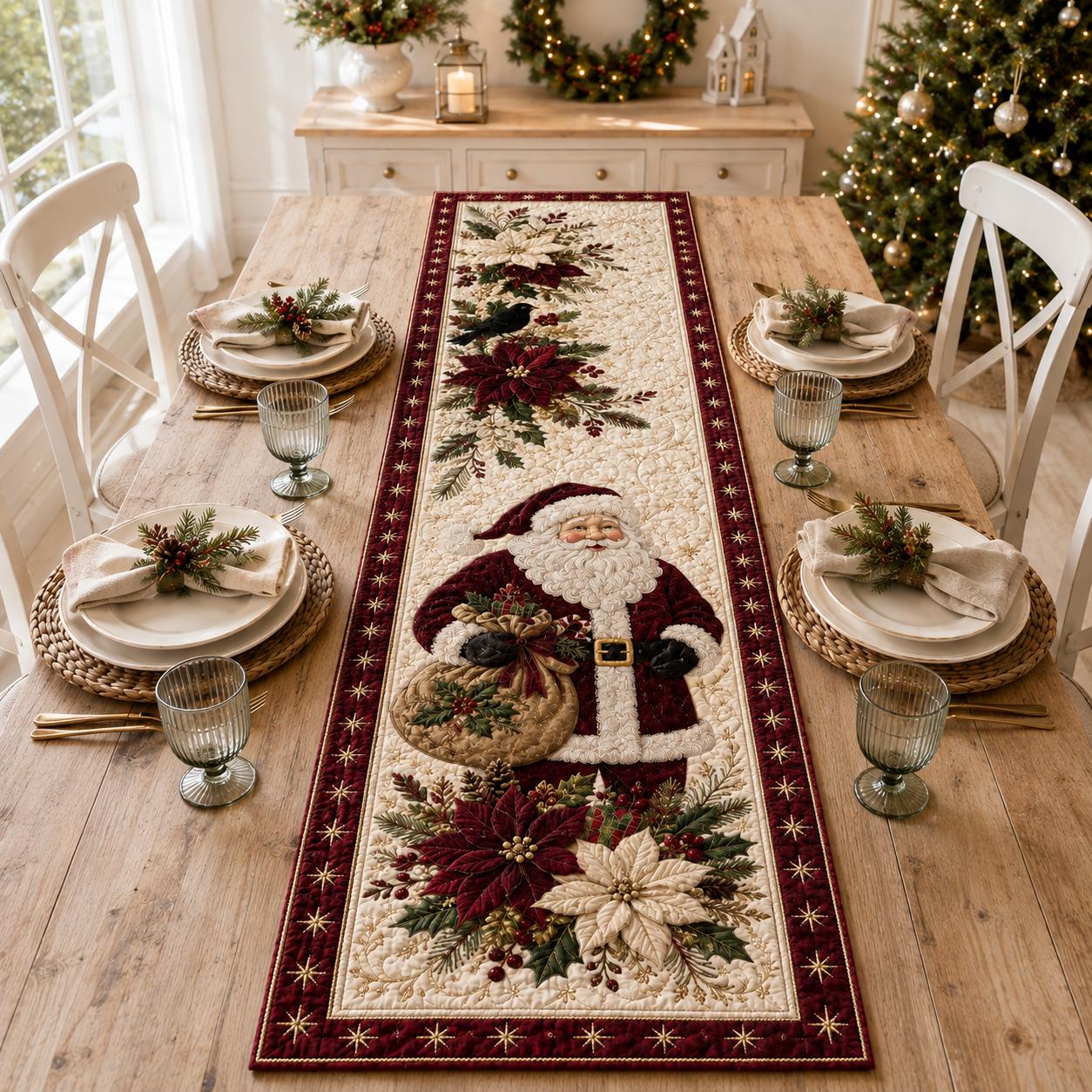 Santa Claus and Poinsettia Quilted Style Table Runner – Winter Holiday Home Decors for Farmhouse Christmas Decor - photo 2