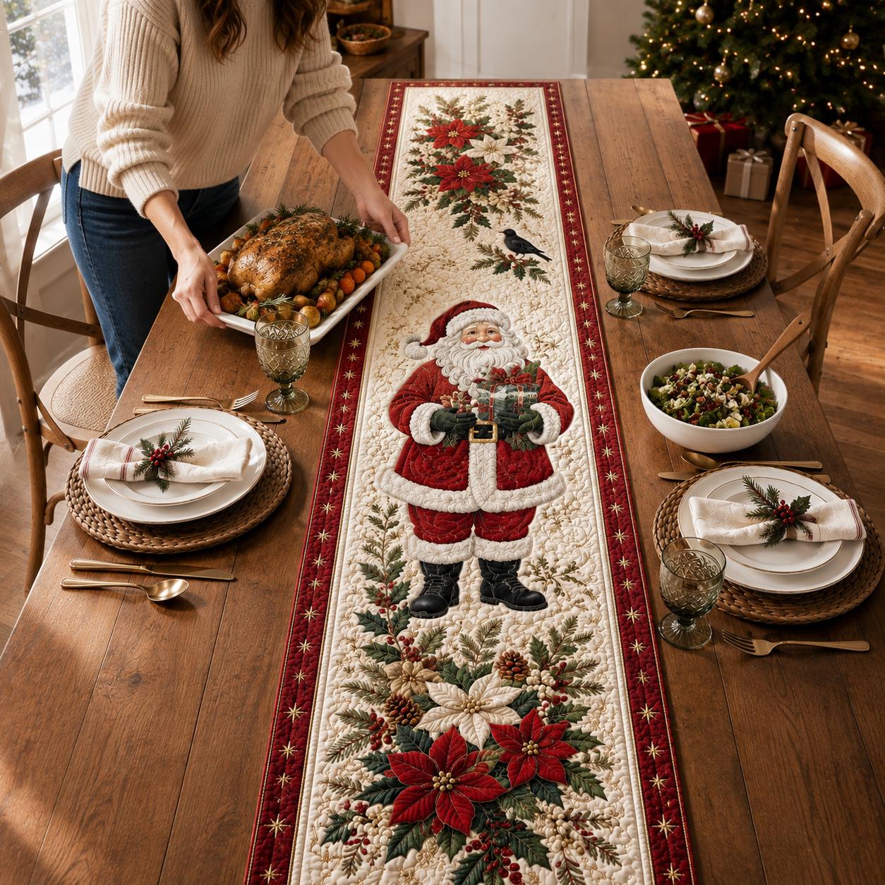 Santa Claus and Poinsettia Quilted Style Table Runner – Winter Holiday Home Decors for Farmhouse Christmas Decor - photo 3