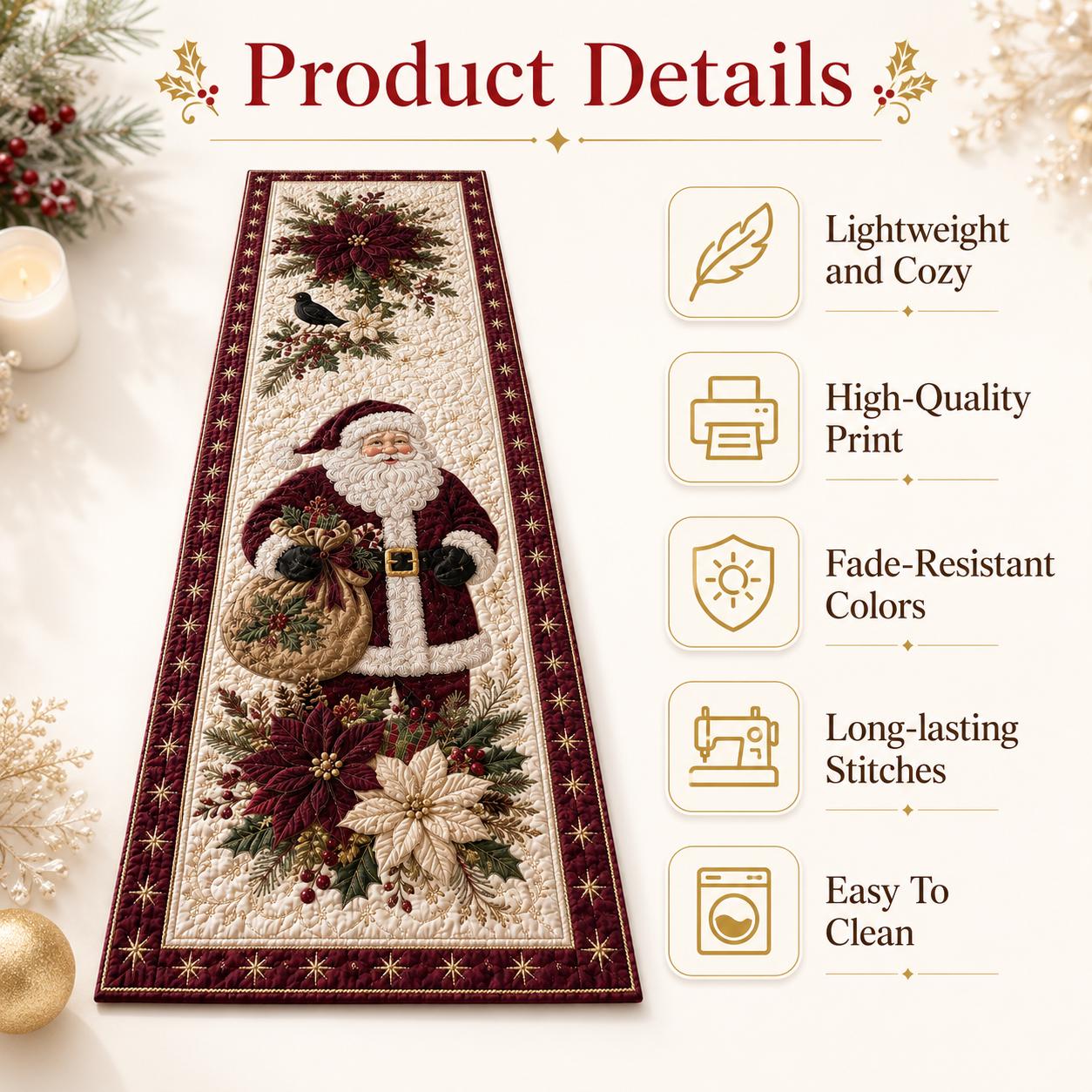 Santa Claus and Poinsettia Quilted Style Table Runner – Winter Holiday Home Decors for Farmhouse Christmas Decor - photo 6