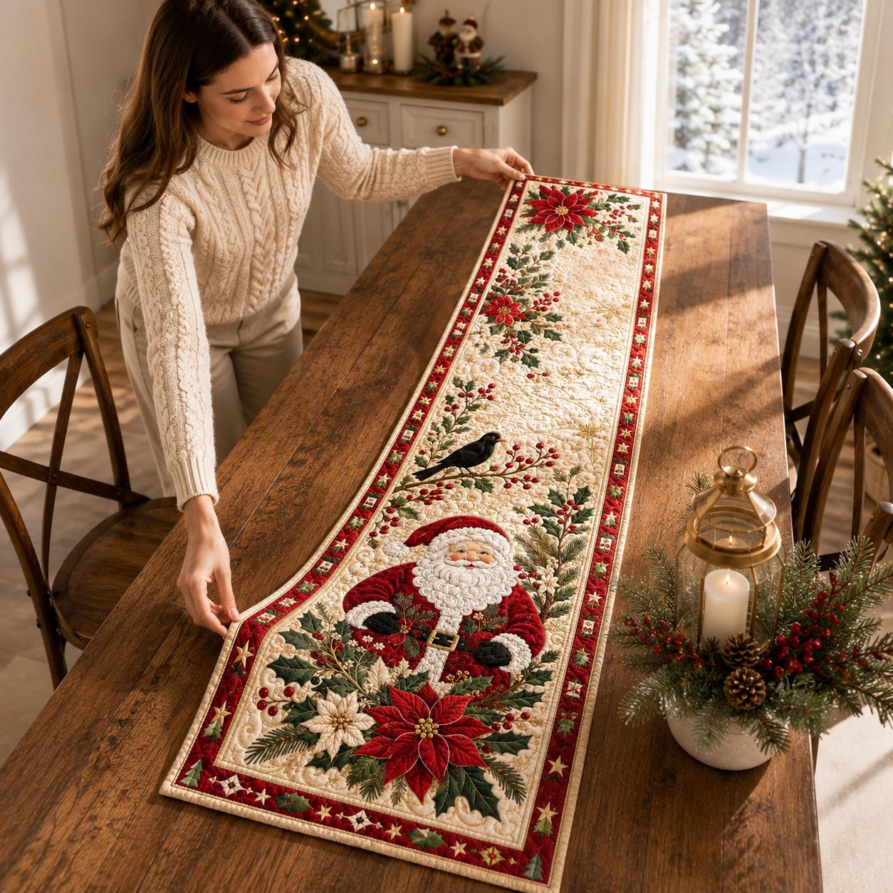 Santa Claus and Poinsettia Quilted Style Table Runner – Winter Holiday Home Decors for Farmhouse Christmas Decor - photo 7