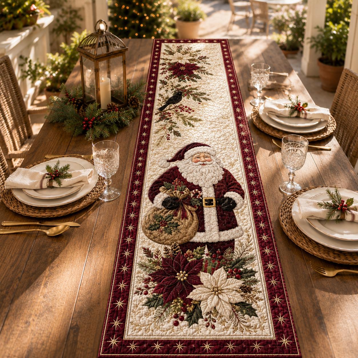 Santa Claus and Poinsettia Quilted Style Table Runner – Winter Holiday Home Decors for Farmhouse Christmas Decor - photo 8