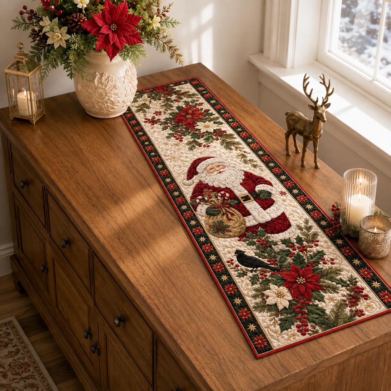 Santa Claus and Poinsettia Quilted Style Table Runner – Winter Holiday Home Decors for Farmhouse Christmas Decor - photo 9
