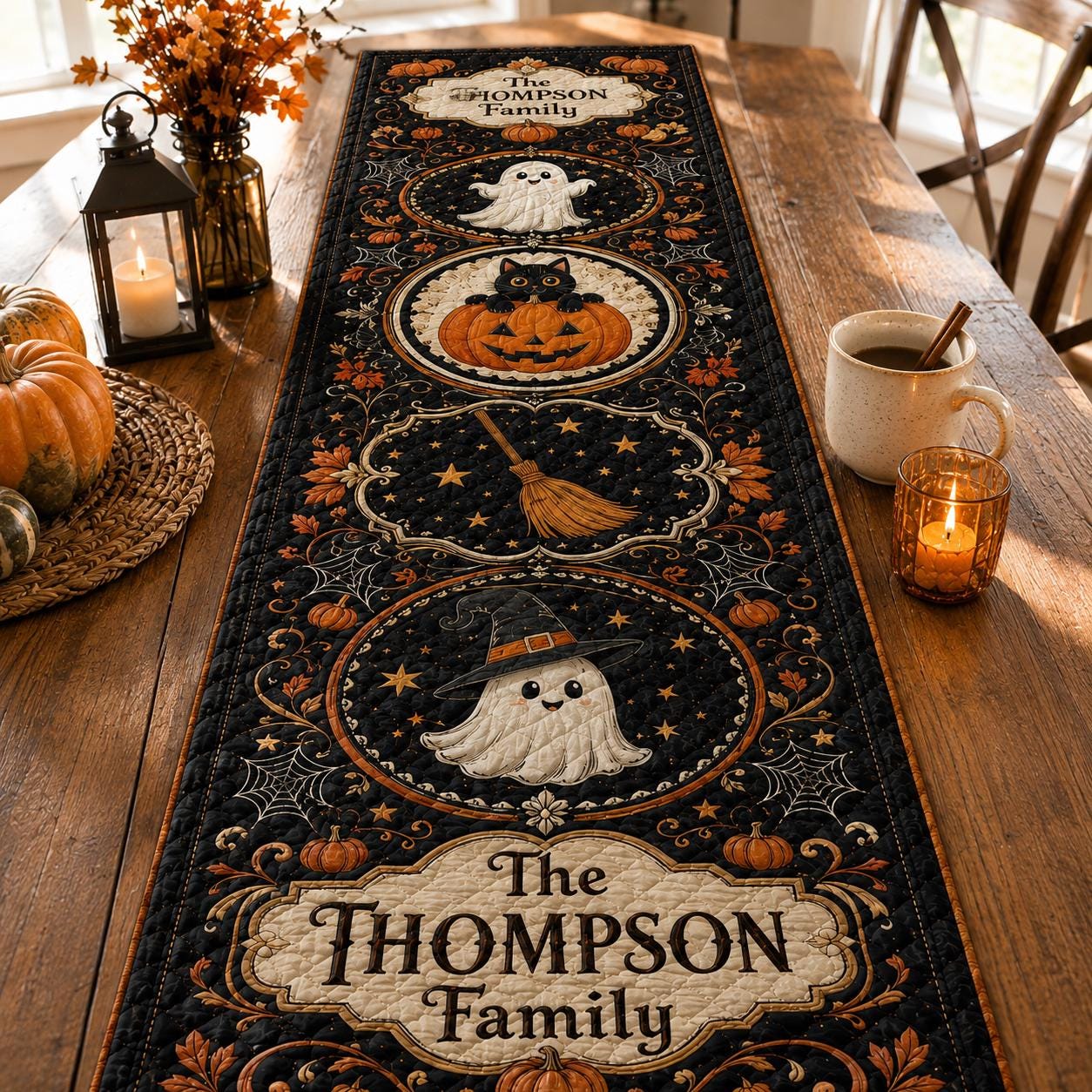 Personalized Halloween Table Runner Linen 70x13in with Cute Ghost and Pumpkin Runner for Fall Kitchen Dining Table Decoration