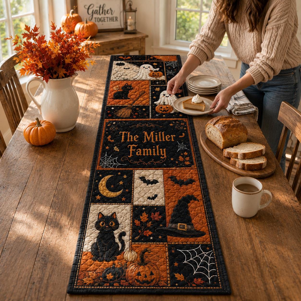 Personalized Halloween Table Runner Linen 70x13in with Cute Ghost and Pumpkin Runner for Fall Kitchen Dining Table Decoration - photo 2