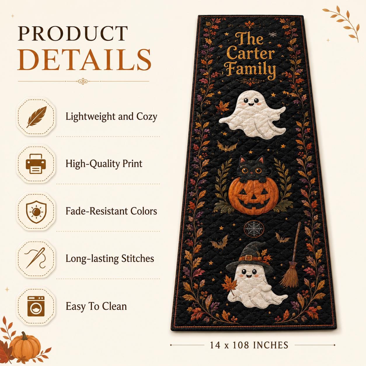 Personalized Halloween Table Runner Linen 70x13in with Cute Ghost and Pumpkin Runner for Fall Kitchen Dining Table Decoration - photo 3