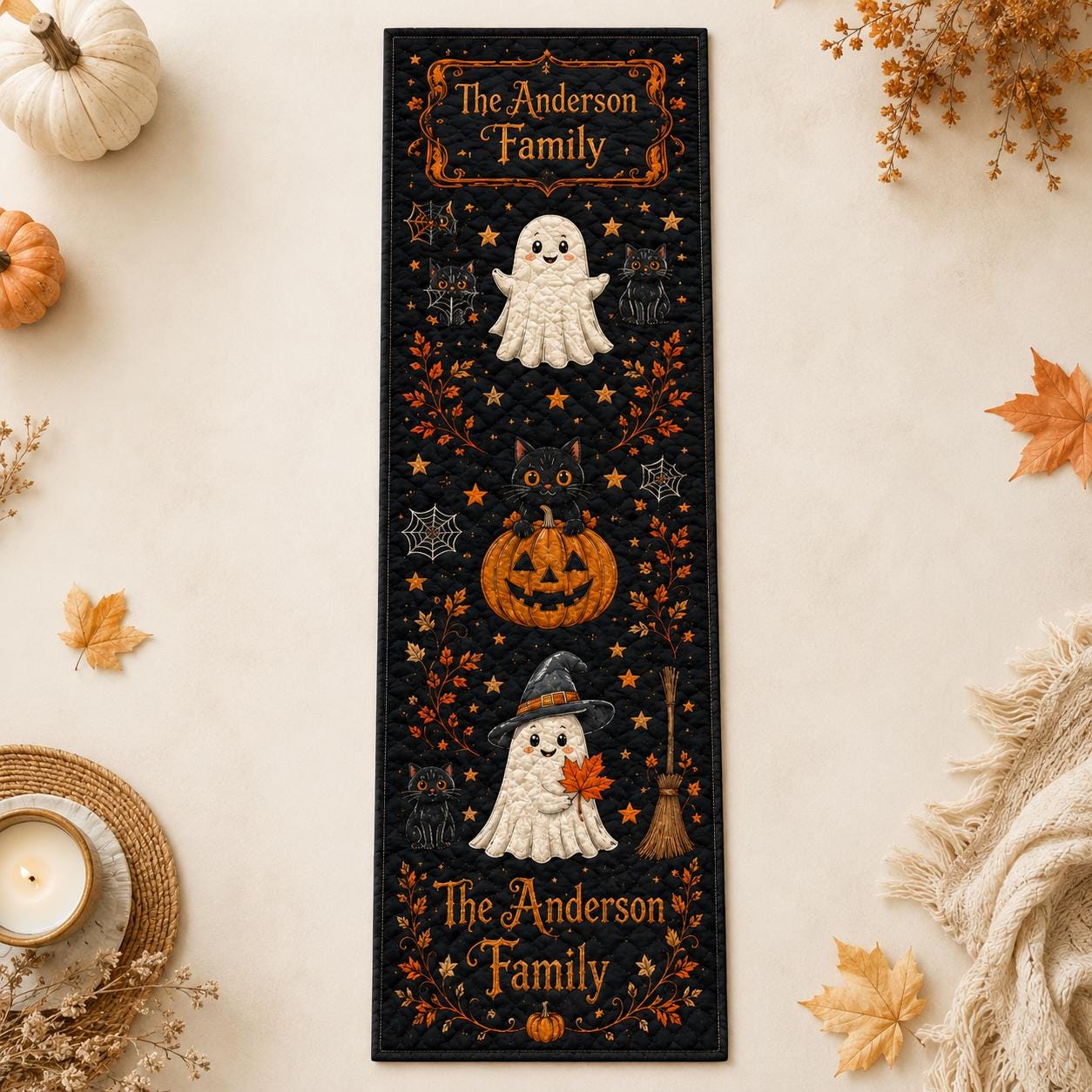 Personalized Halloween Table Runner Linen 70x13in with Cute Ghost and Pumpkin Runner for Fall Kitchen Dining Table Decoration - photo 5
